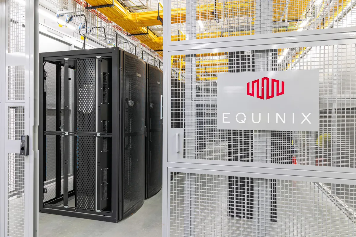 Racks inside a secured cage at the Equinix BR1 data centre in Brisbane